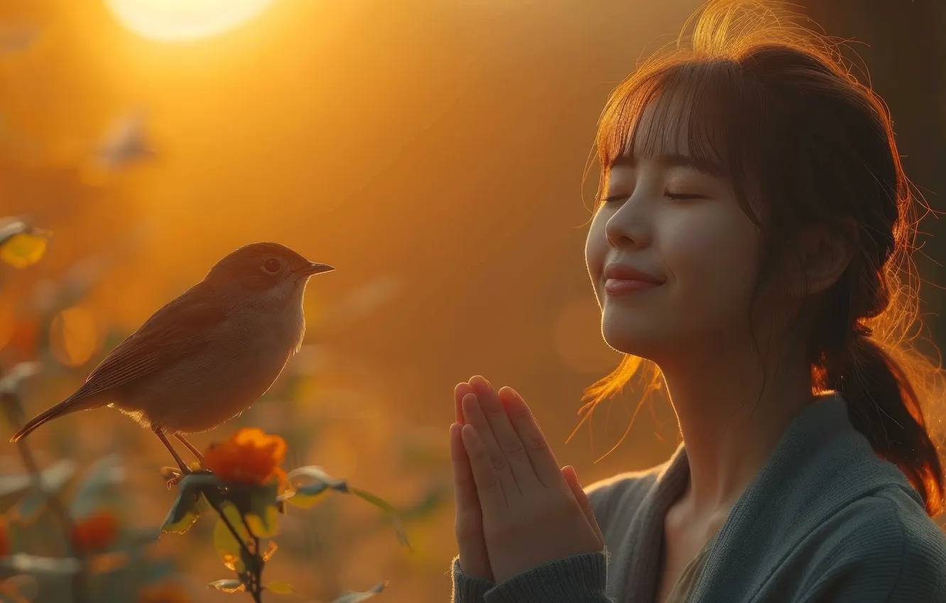 Photo wallpaper girl, the sun, nature, dawn, bird, digital art, AI art, The Art of Artificial Intelligence