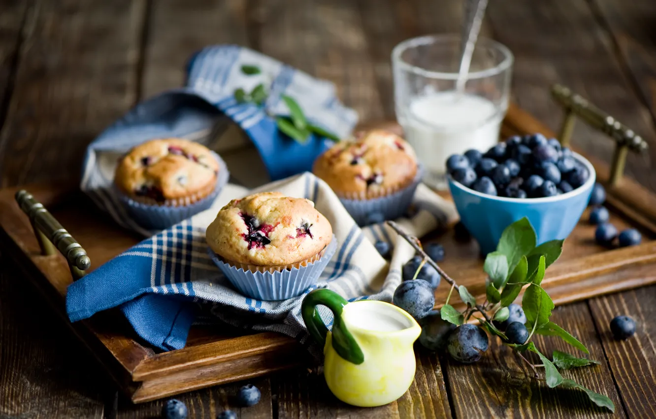 Photo wallpaper berries, food, blueberries, dishes, still life, tray, cupcakes, swipe