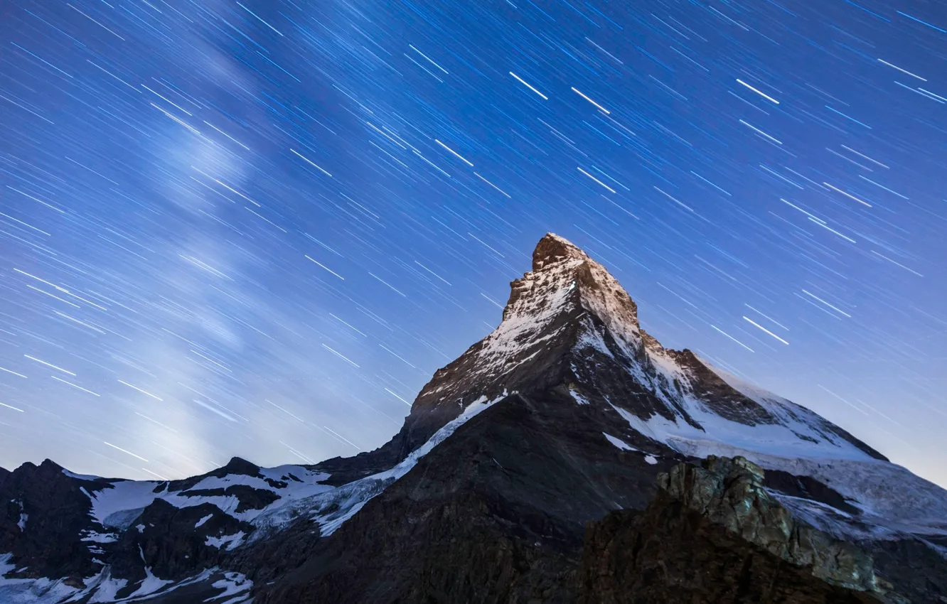 Photo wallpaper the sky, stars, mountains, night, mountain, top, Matterhorn