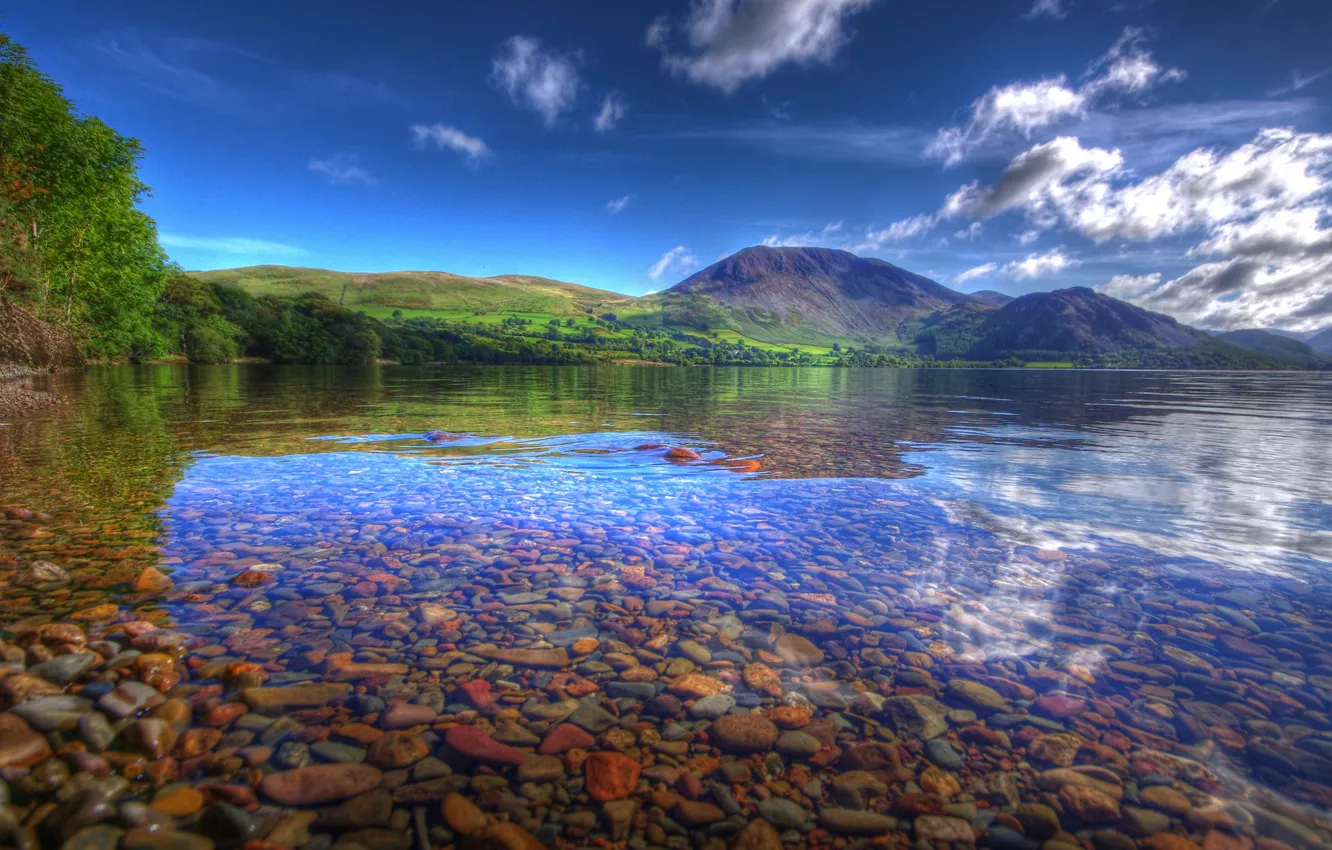 Photo wallpaper transparency, mountains, lake, stones