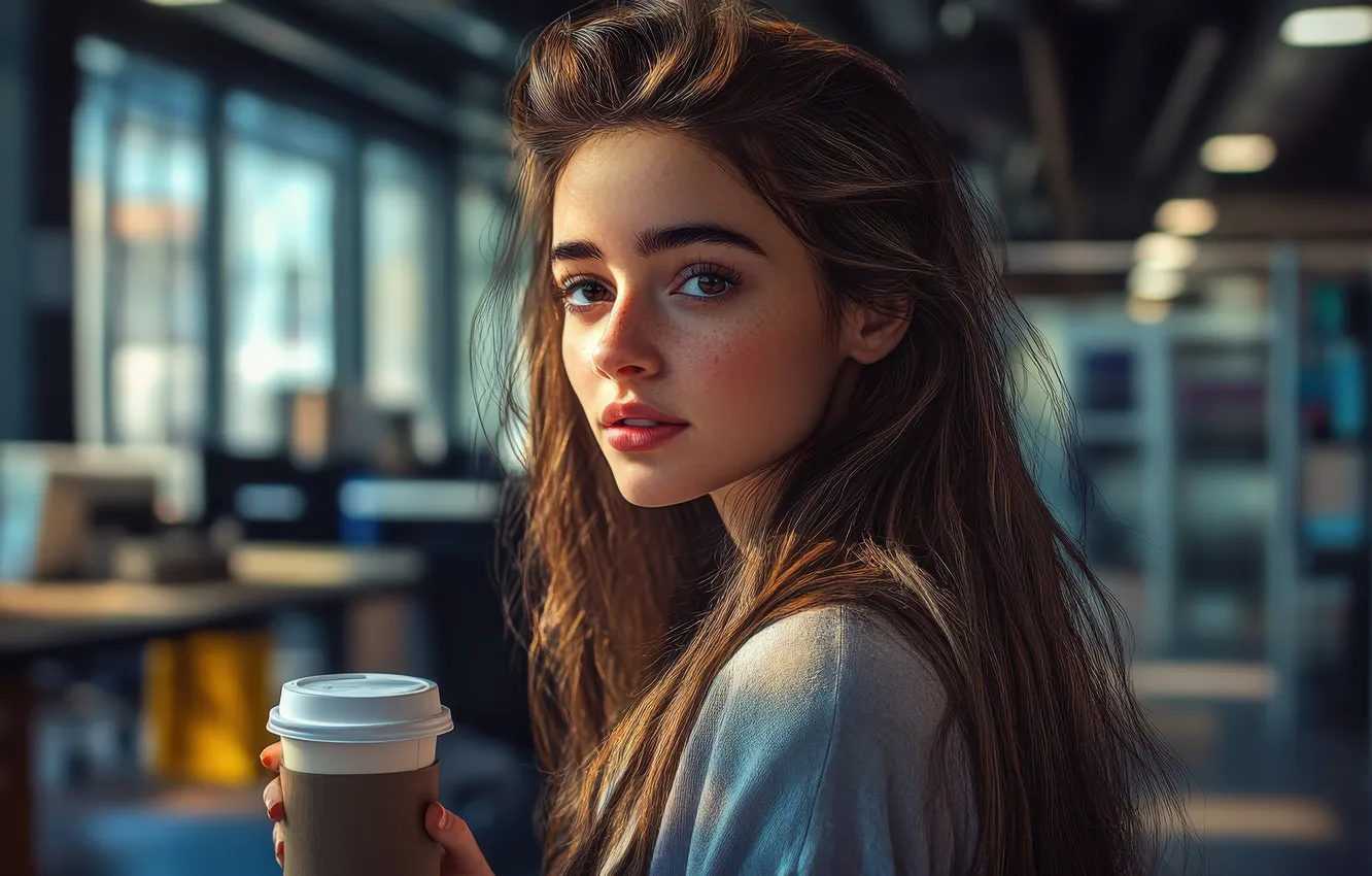 Photo wallpaper look, girl, light, face, glass, lamp, coffee, portrait