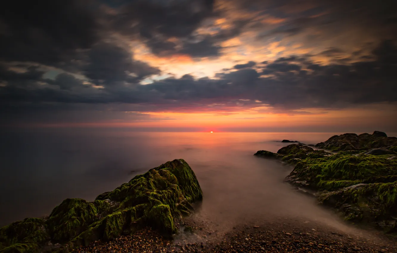 Photo wallpaper sea, the sky, the sun, stones, dawn, coast, horizon, Ireland