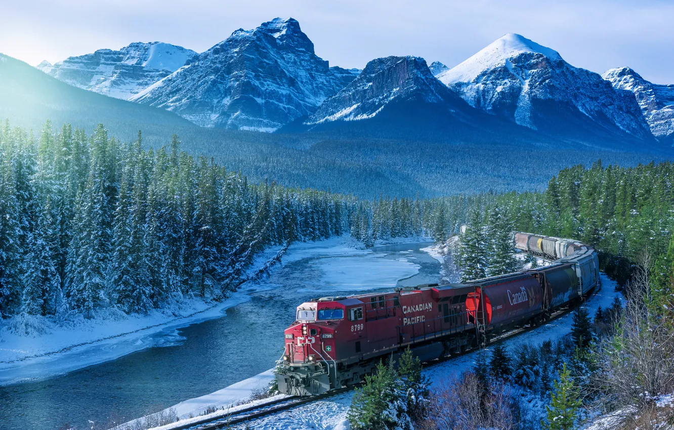 Photo wallpaper forest, mountains, train, morning, Canada, railroad, Albert