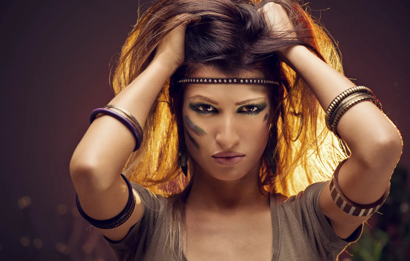 Photo wallpaper look, decoration, style, girl, brown hair, warrior, style, bokeh