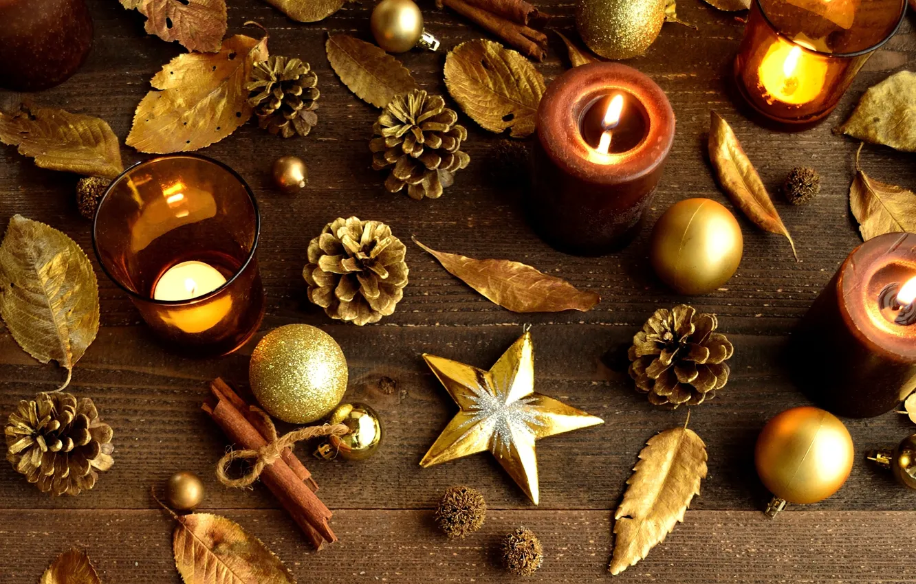 Photo wallpaper leaves, stars, balls, toys, sticks, candles, cinnamon, Christmas