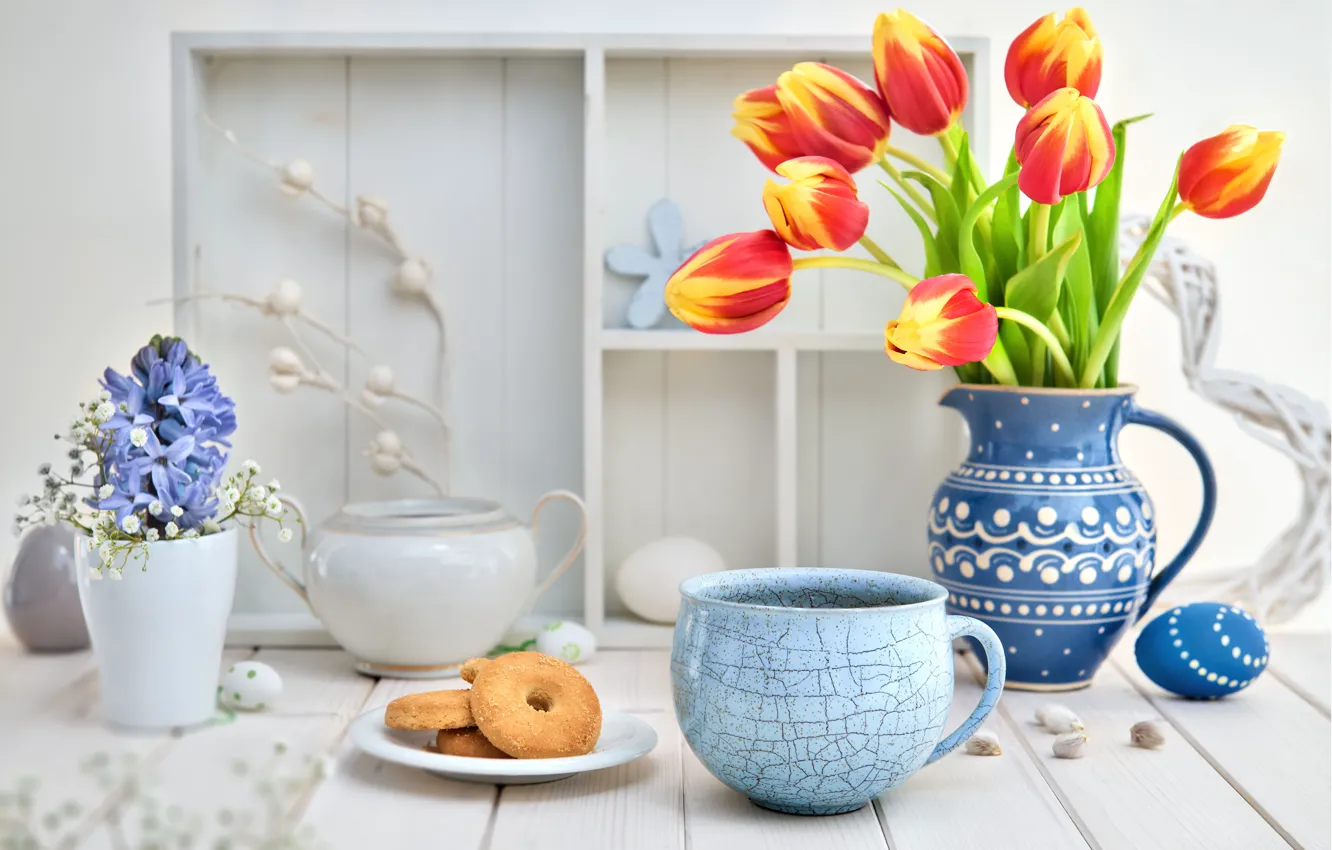 Photo wallpaper flowers, coffee, cookies, vase, composition, Anya Ivanova