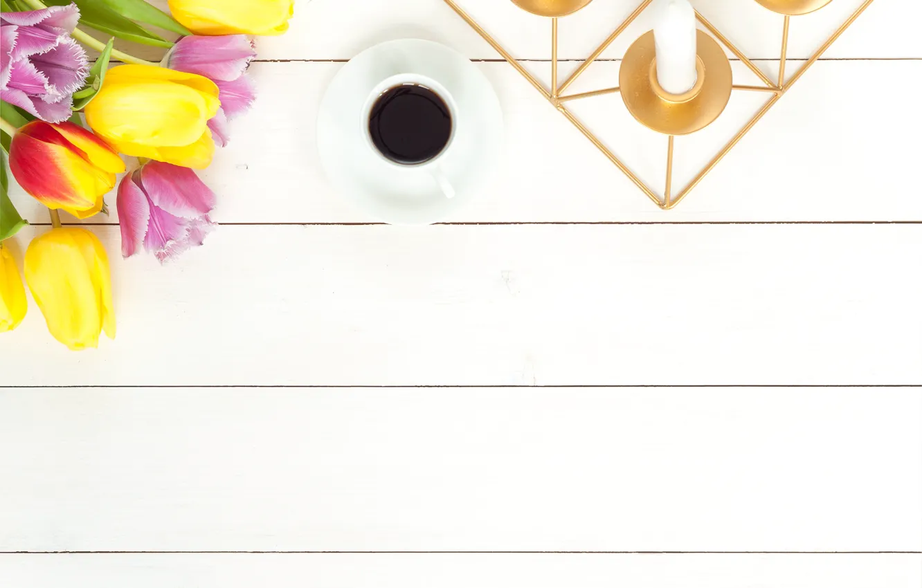 Photo wallpaper flowers, coffee, spring, colorful, tulips, fresh, wood, flowers