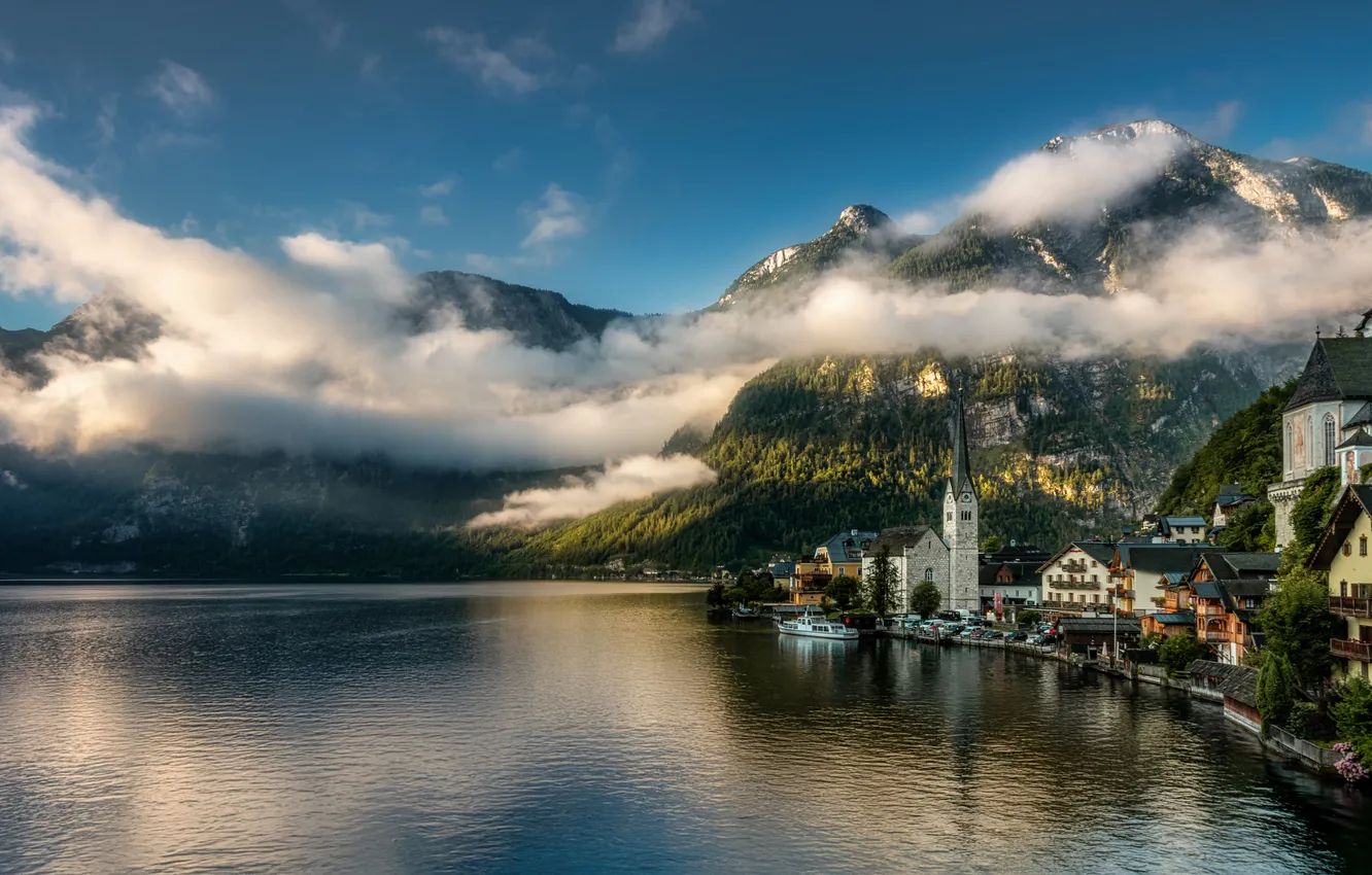 Photo wallpaper clouds, mountains, lake, Austria, Hallstatt