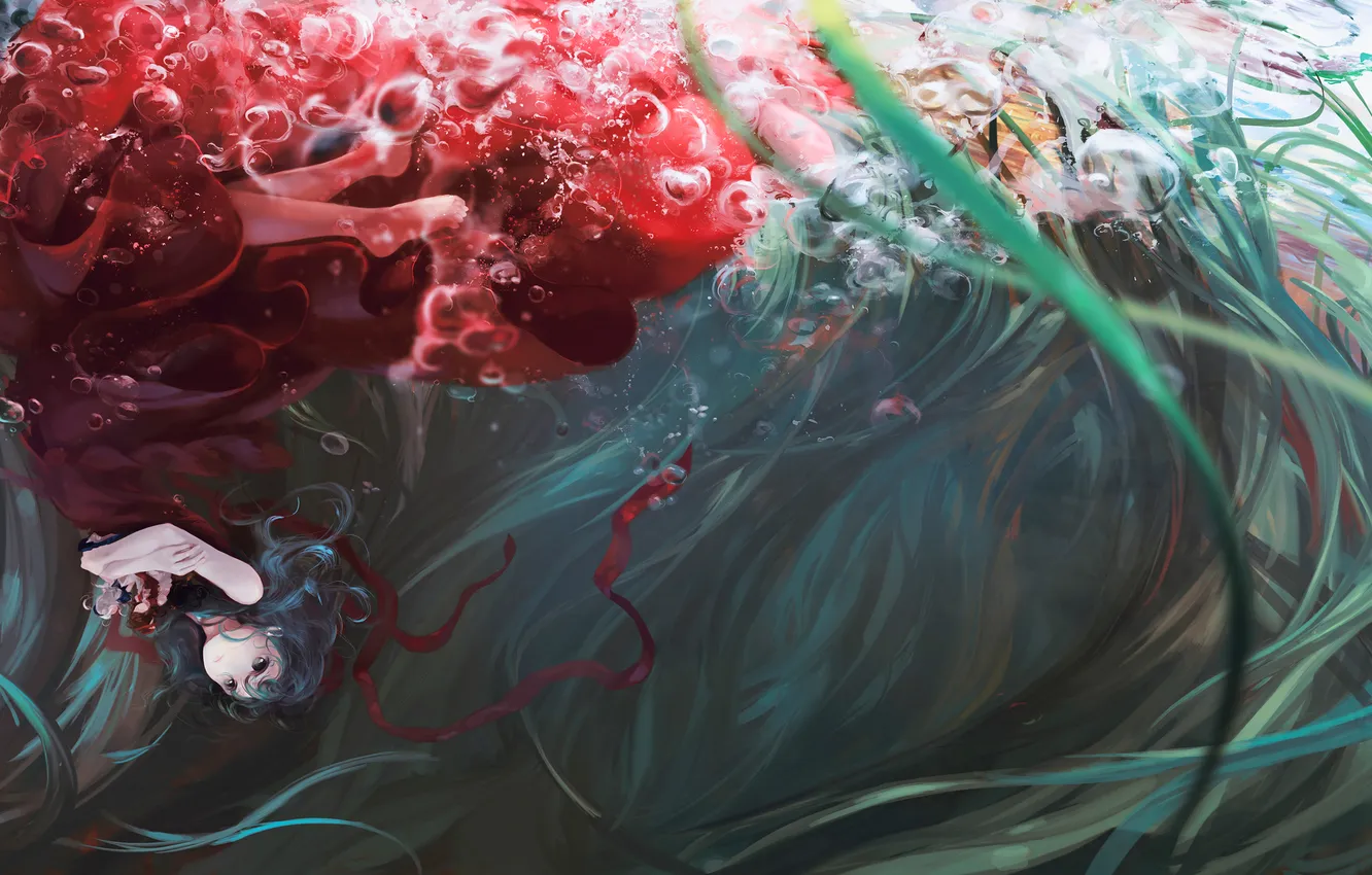 Photo wallpaper girl, bubbles, anime, art, under water, touhou, Kagiyama Hina