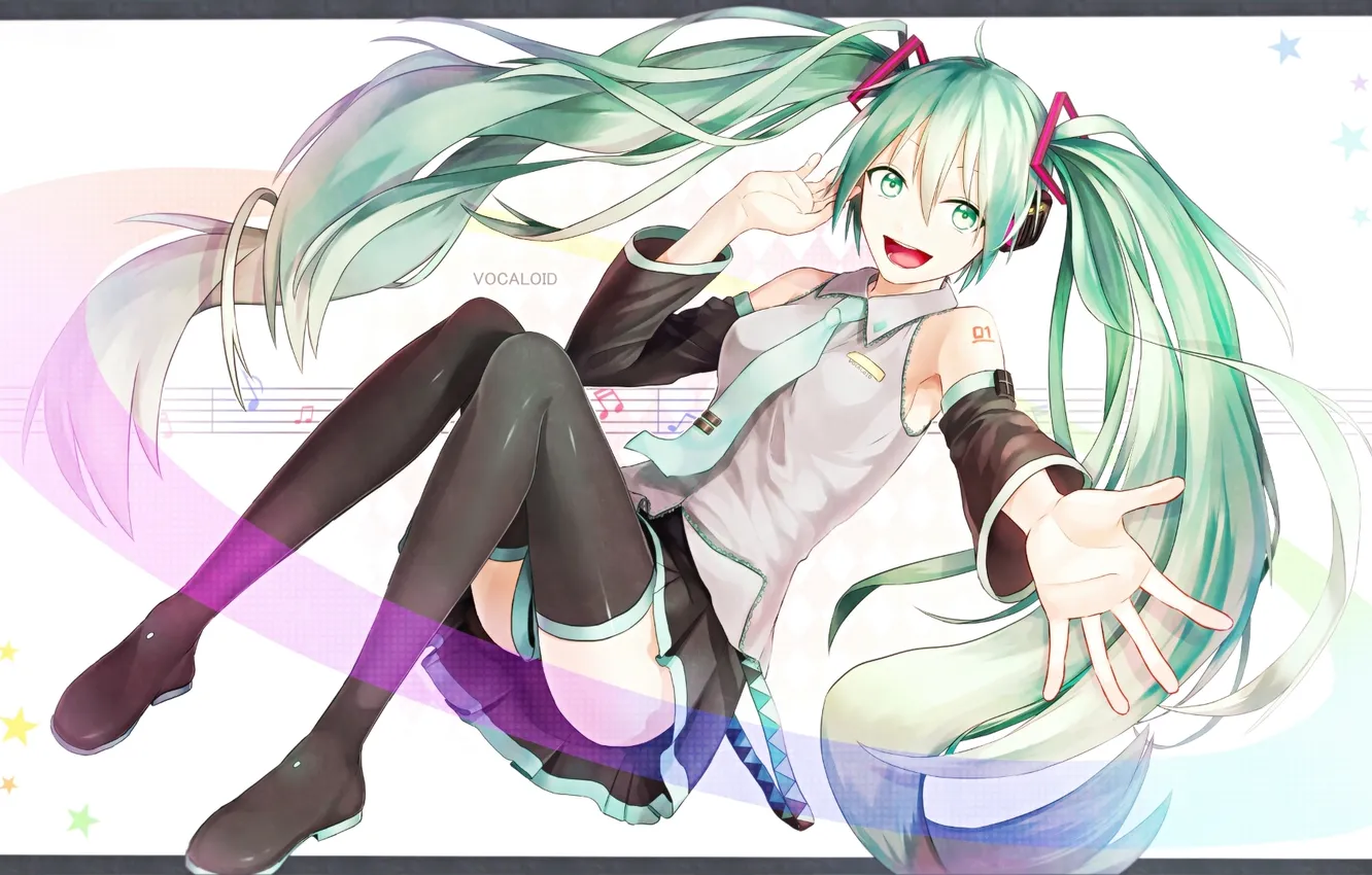 Photo wallpaper girl, stars, joy, notes, art, form, vocaloid, hatsune miku