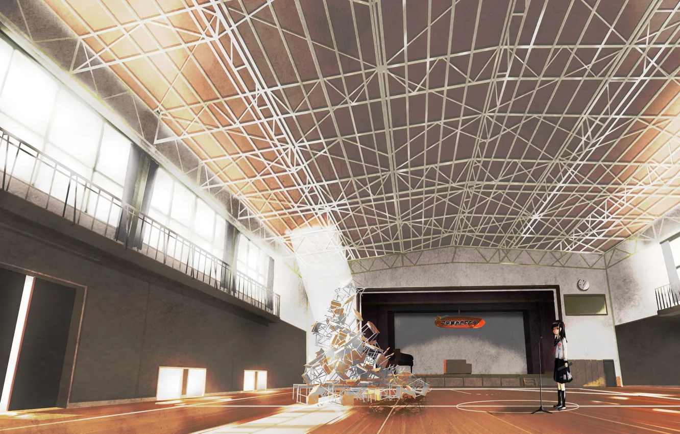 Photo wallpaper girl, light, table, anime, window, art, chair, microphone