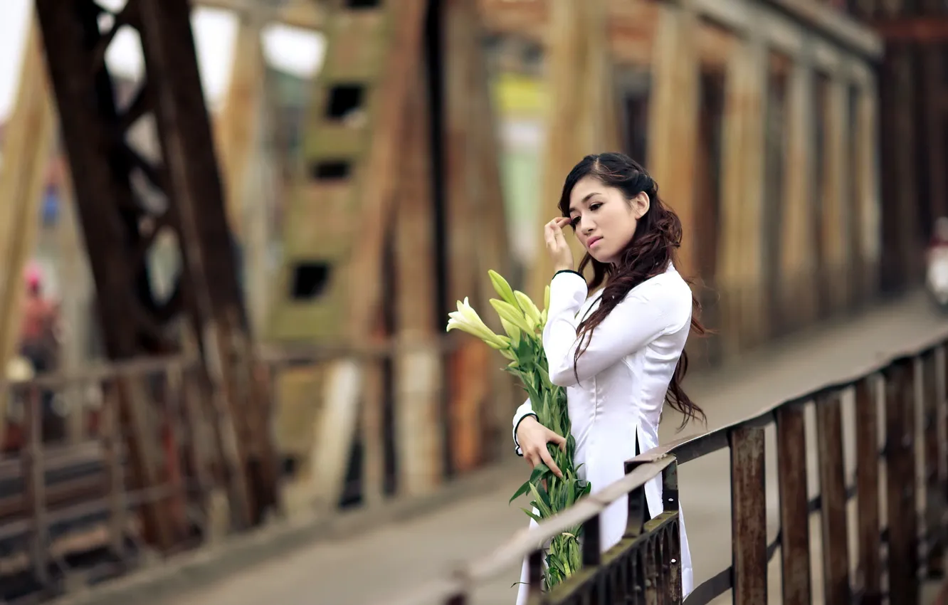 Photo wallpaper girl, flowers, bridge, Asian