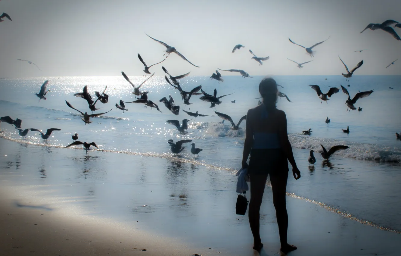 Photo wallpaper sea, girl, birds