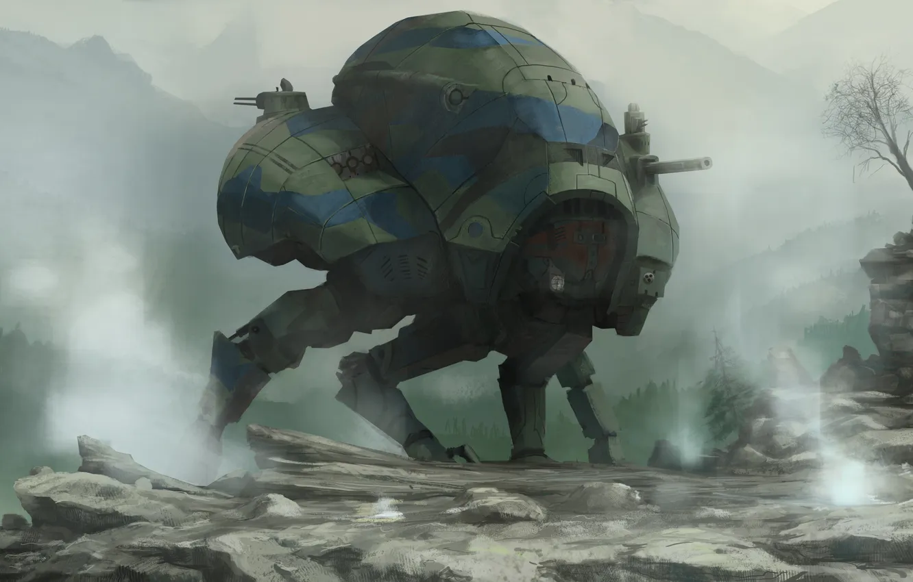 Photo wallpaper trees, mountains, fog, robot, paws, armor, climber, gun