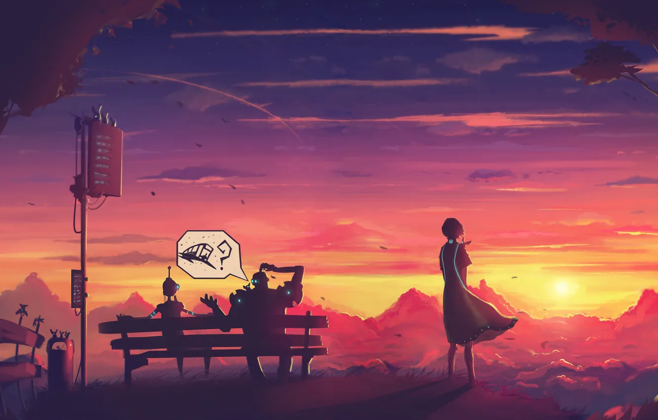 Photo wallpaper girl, sunset, waiting, Robots, Waiting