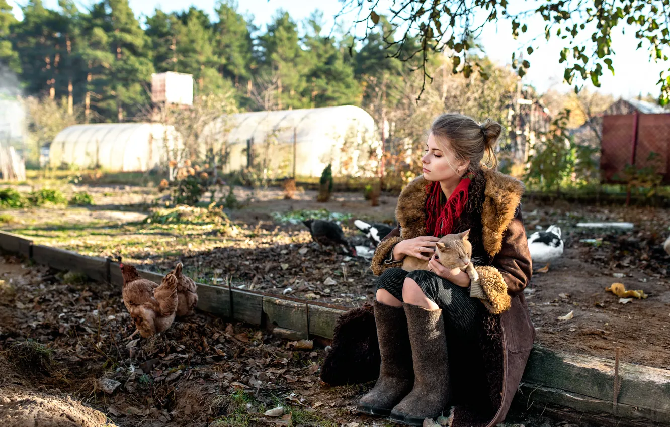 Photo wallpaper cat, girl, boots, chickens, Maxim Guselnikov, the farm, Countryside girl