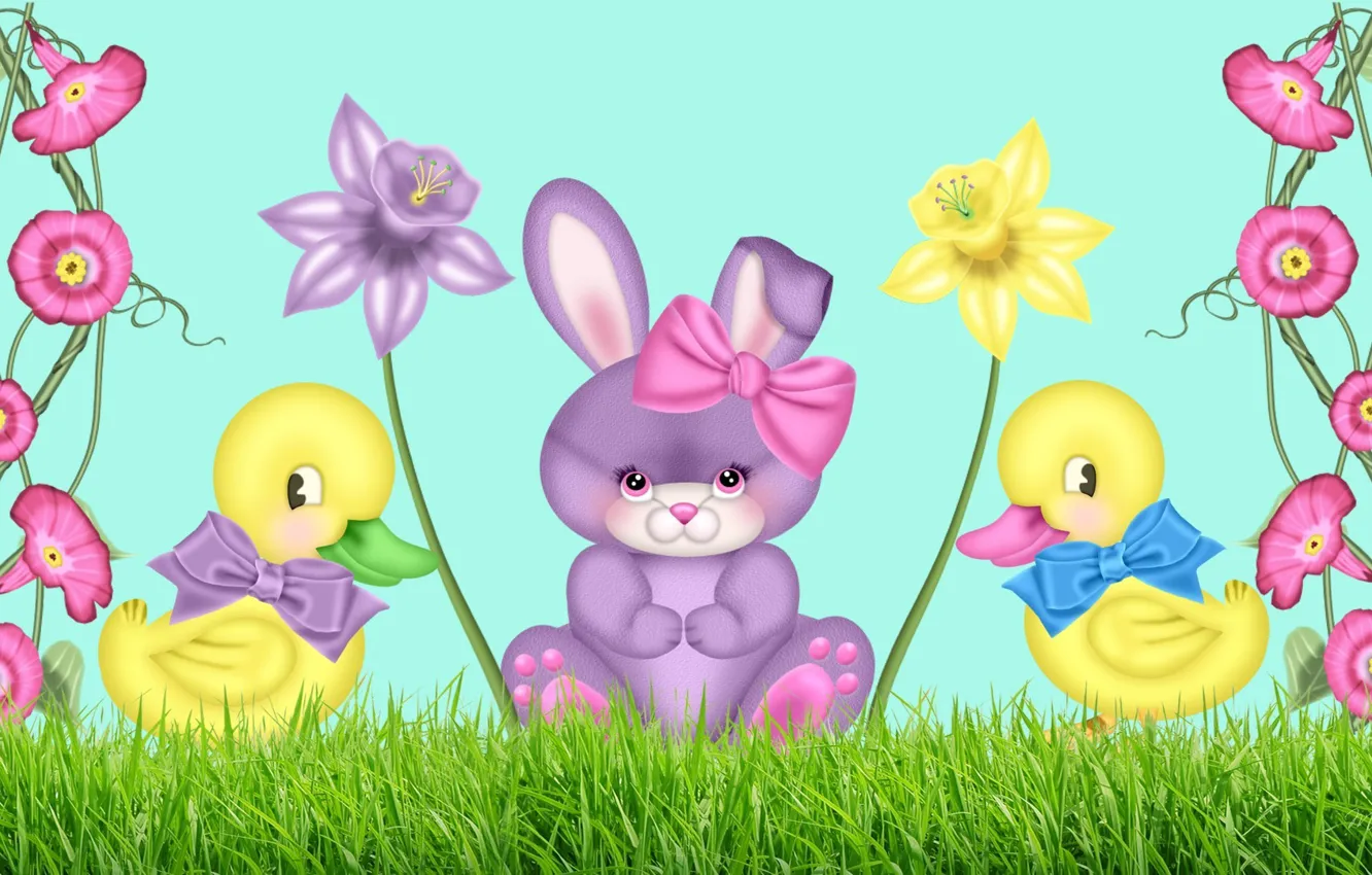 Photo wallpaper figure, flowers, Bunny, ducklings, bow, Narcissus, children's, bindweed