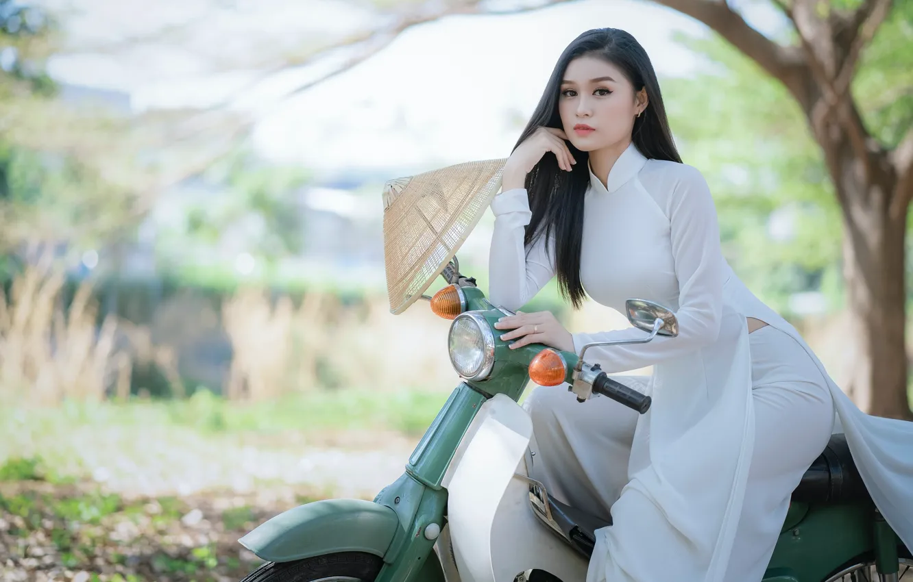 Wallpaper Look Girl Nature Hat Moped Asian Sitting White Dress