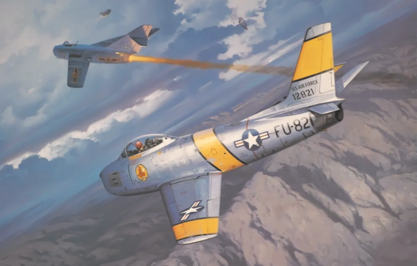 Photo wallpaper war, art, painting, aviation, F-86 Sabre, korea war, Mig-15