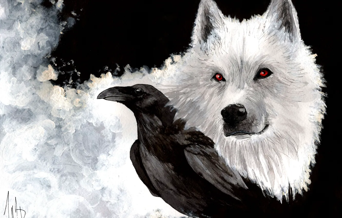 Photo wallpaper white, look, wolf, beak, art, Ghost, painting, Raven