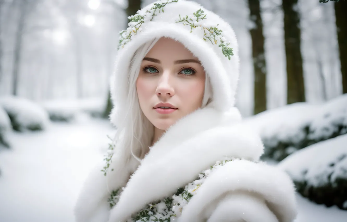 Wallpaper girl, fantasy, green eyes, nature, art, winter, snow, fantasy ...