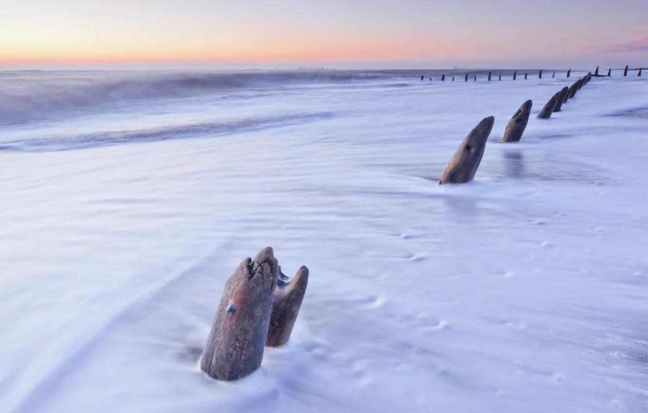 Photo wallpaper the sky, sunset, orange, shore, England, the evening, logs, UK