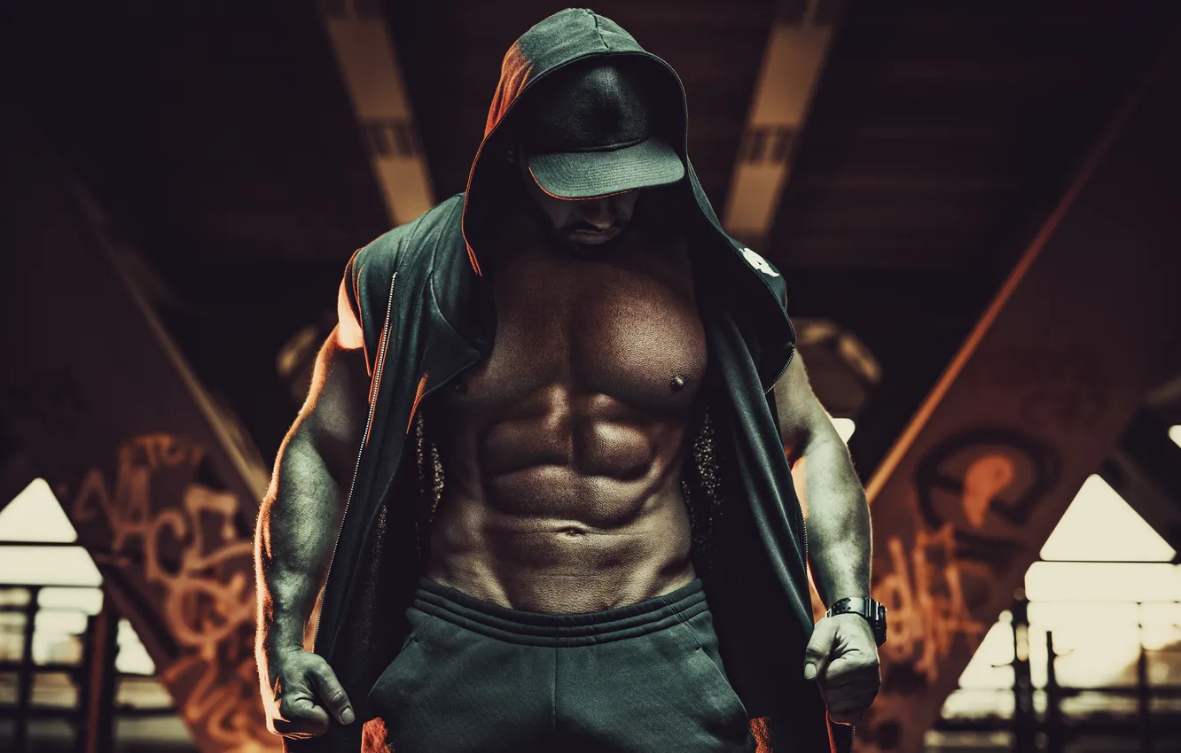 Photo wallpaper Muscle, model, man, interior, Male, hood, informal, masculinity