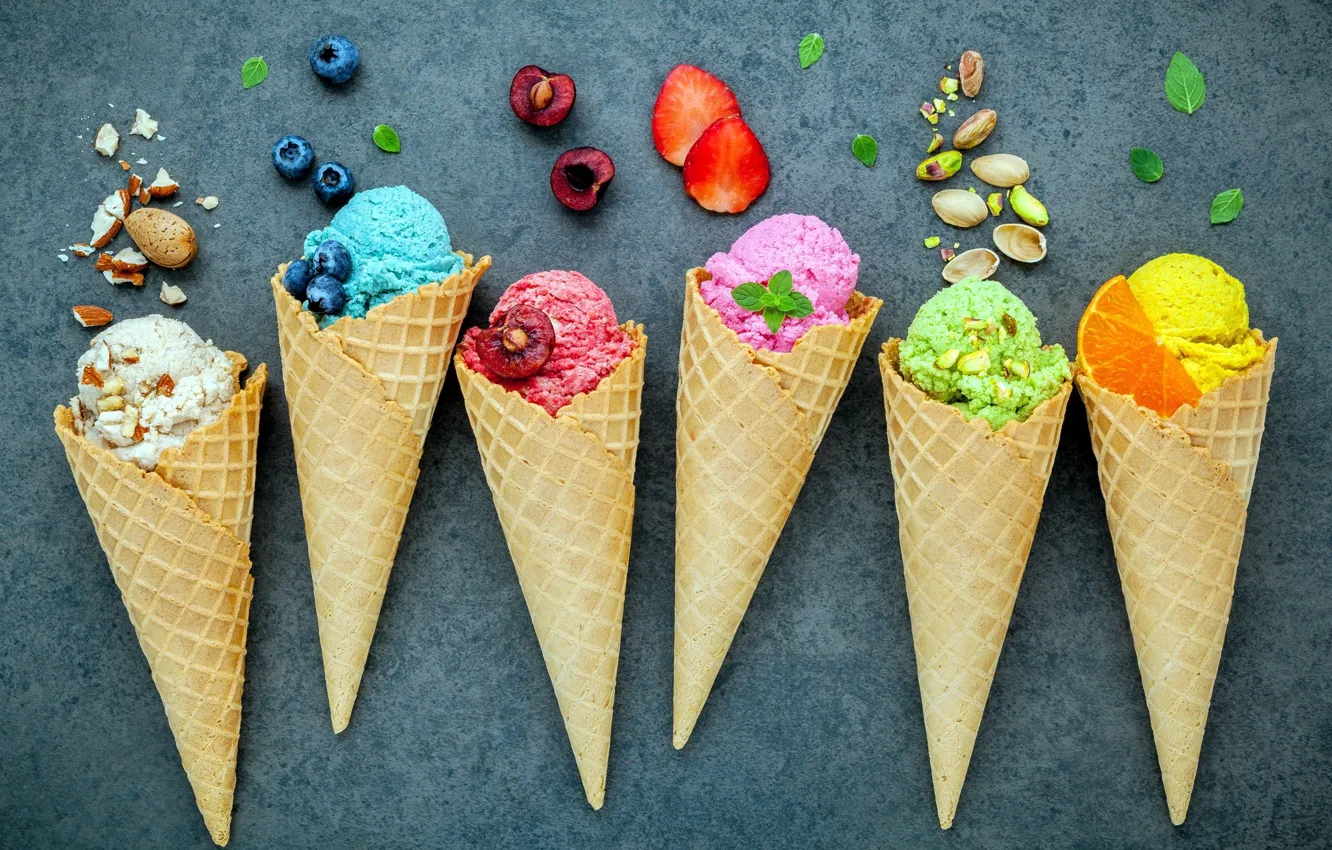 Photo wallpaper berries, ice cream, nuts, sweet, dessert, pistachios, ice cream, waffle cone