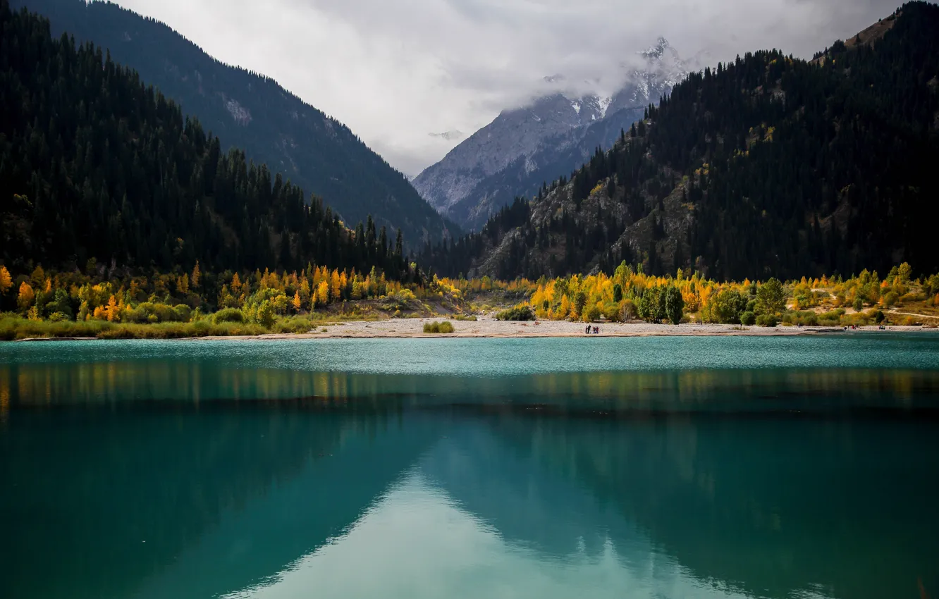 Photo wallpaper clouds, landscape, mountains, nature, lake, Kazakhstan, forest, Issyk