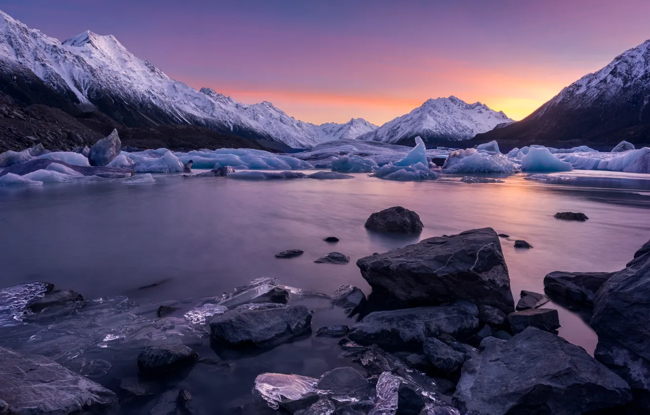 Photo wallpaper ice, winter, the sky, clouds, snow, landscape, sunset, mountains