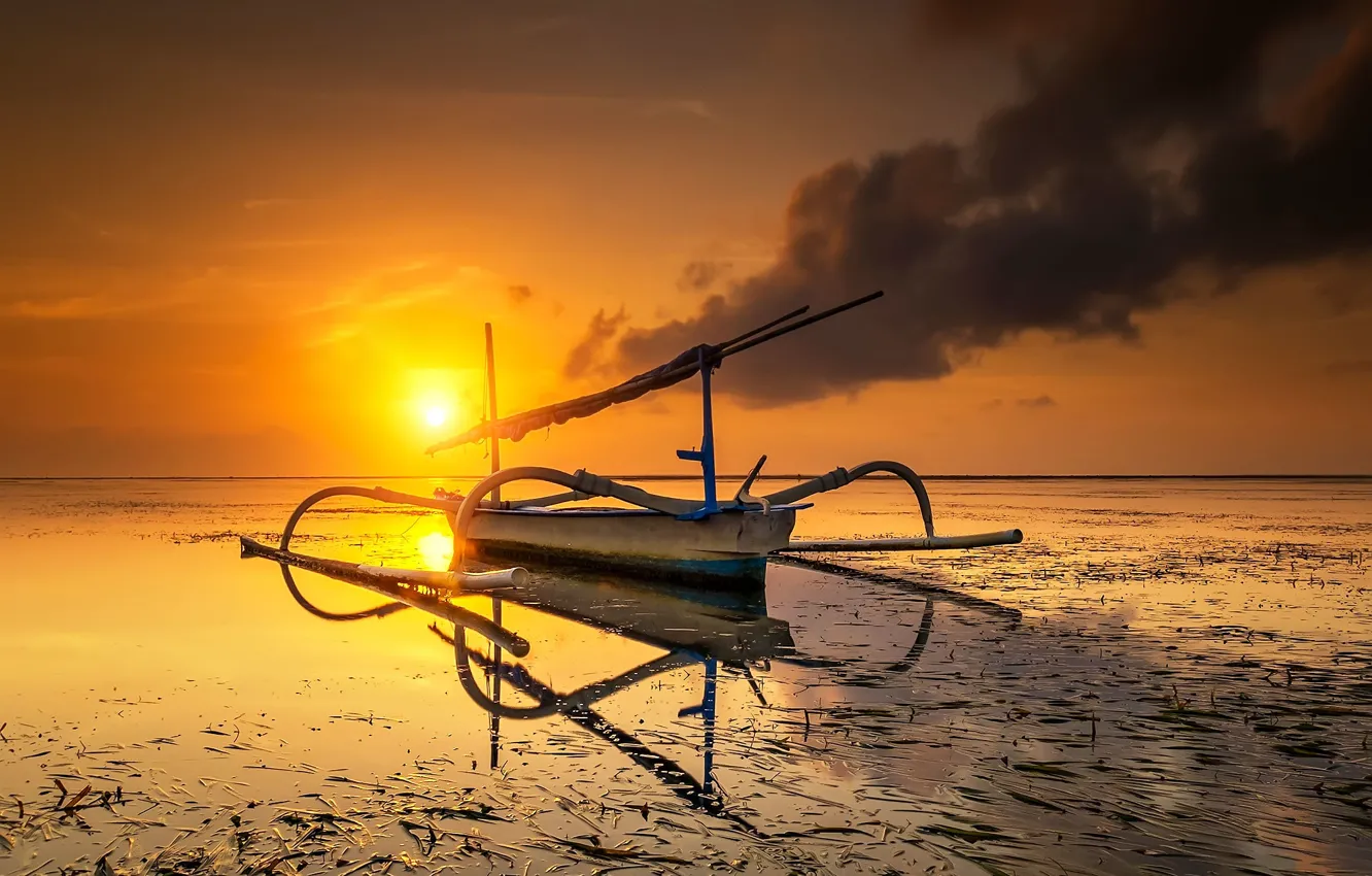 Photo wallpaper sunset, shore, boat, tide, glow