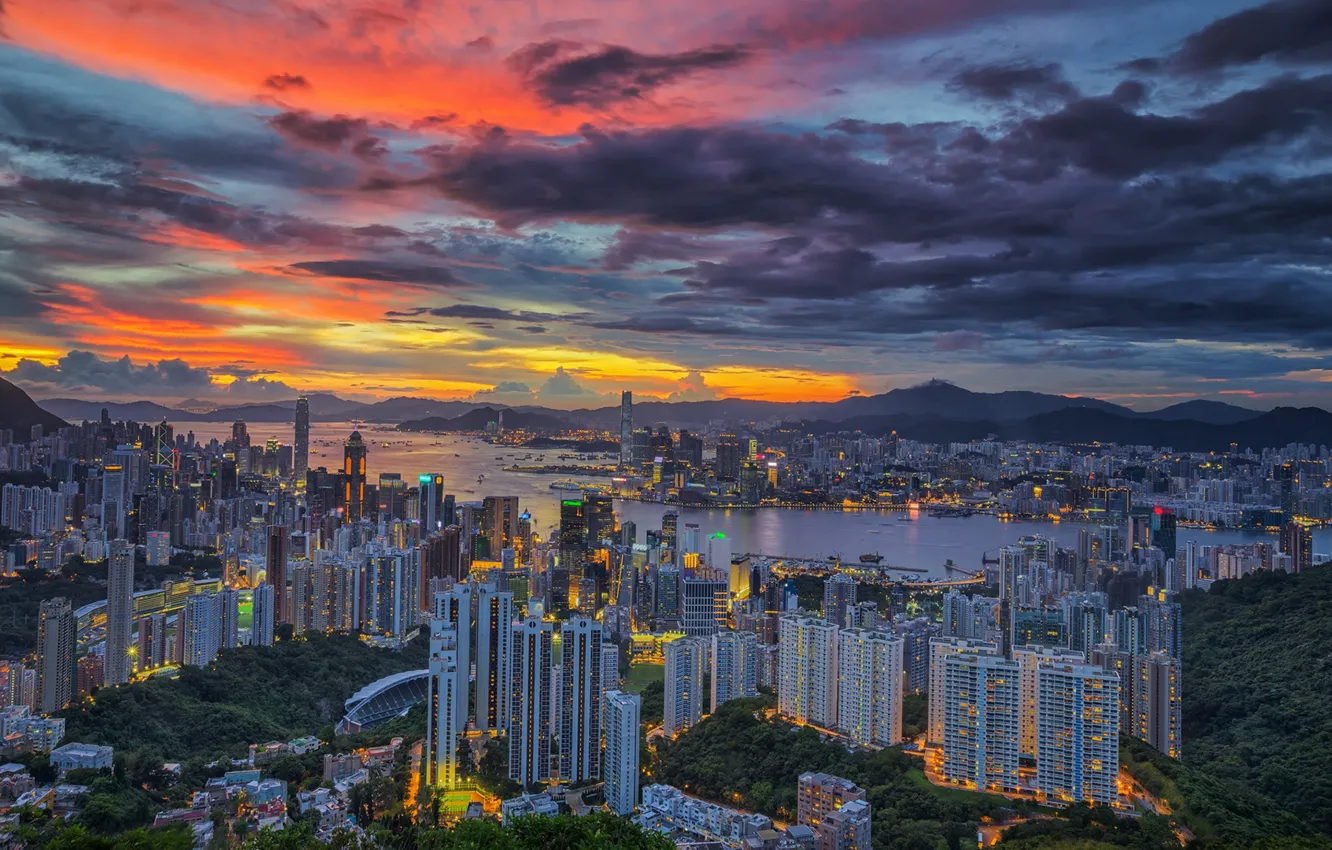 Photo wallpaper sunset, Wallpaper, Hong Kong, skyscrapers, China