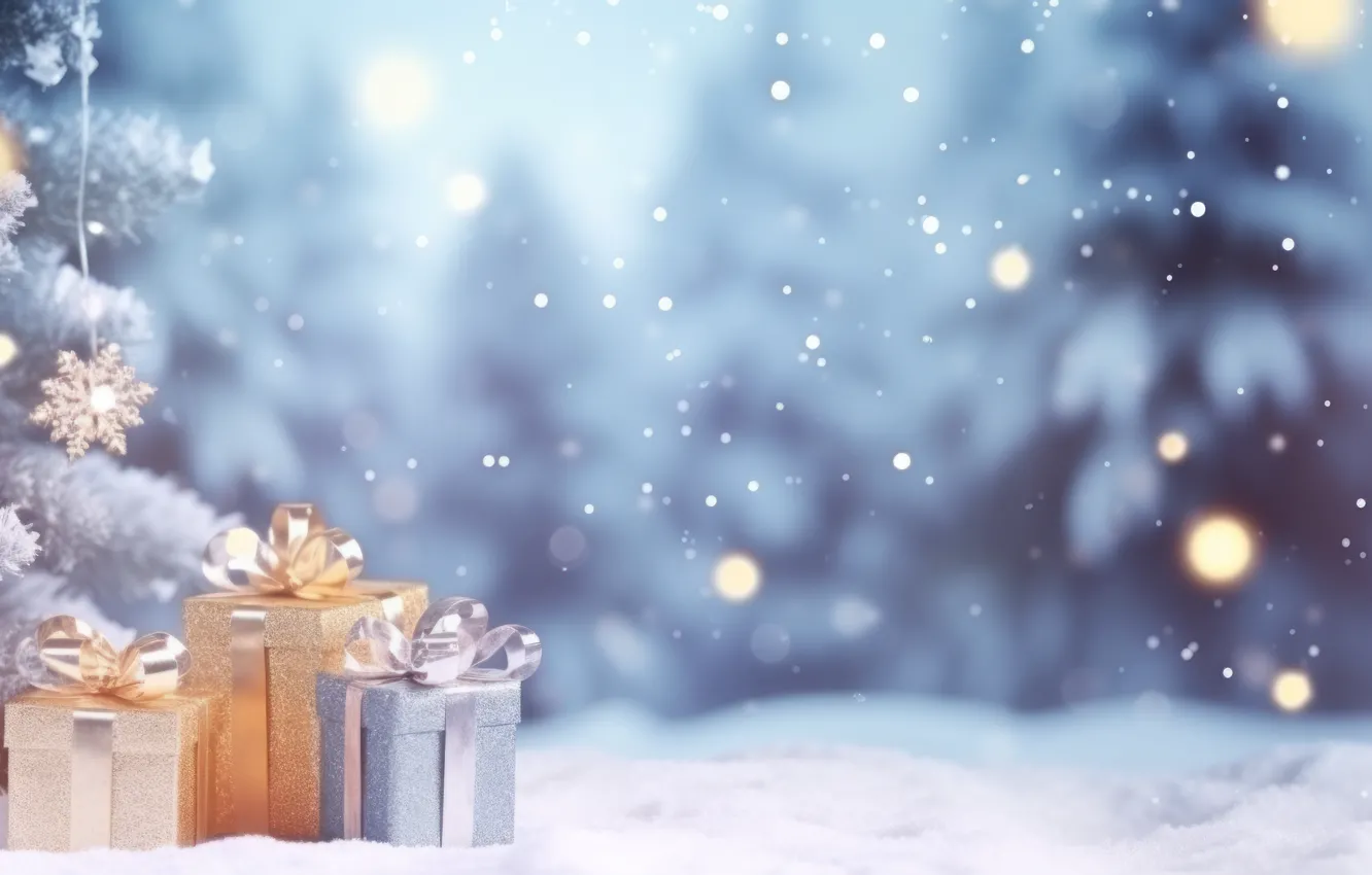 Photo wallpaper winter, snow, snowflakes, nature, gift, new year, Christmas, bow