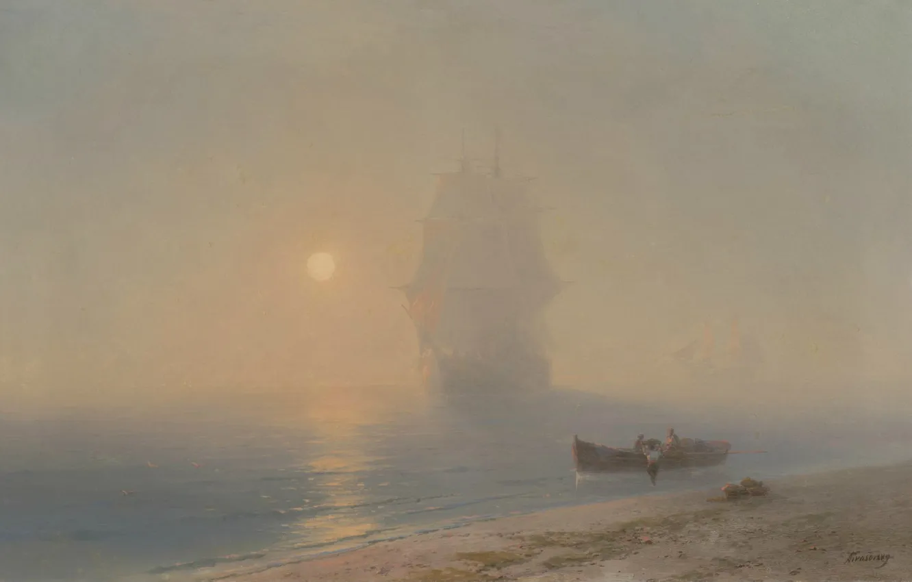 Photo wallpaper ship, picture, sail, seascape, Ivan Aivazovsky, Sailing in the Mist