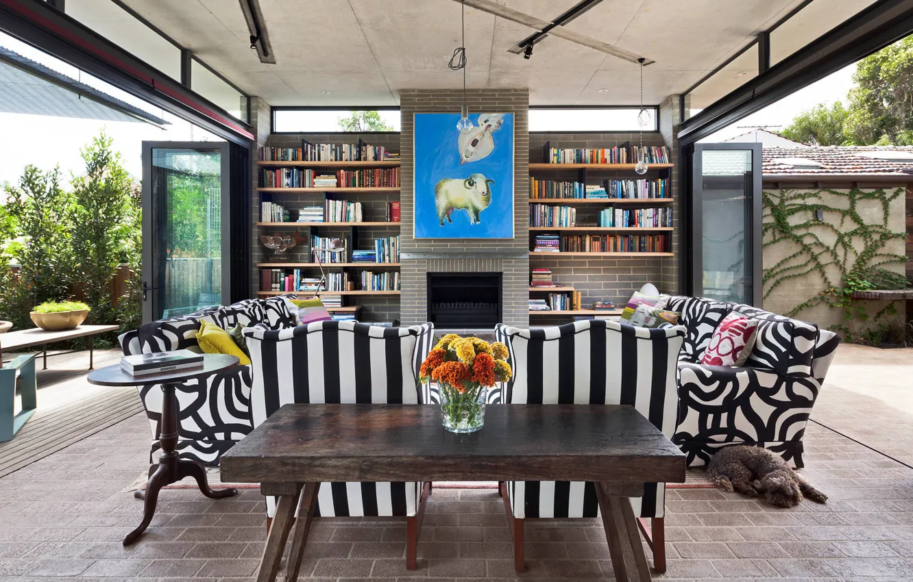 Photo wallpaper design, style, interior, Australia, fireplace, library, living room, Australia