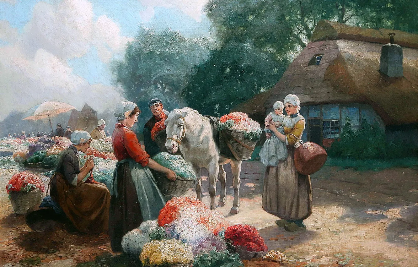 Photo wallpaper flowers, people, picture, market, Austrian artist, Dutch Flower Market, Rudolf Alfred Heger, Rudolf Alfred Hoger
