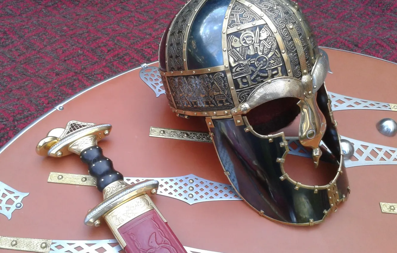 Photo wallpaper Sword, Helmet, Shield, Wandalska era, Meroving, Wendel 14, Helmet Wendel 14, Shield Valsgarde 7