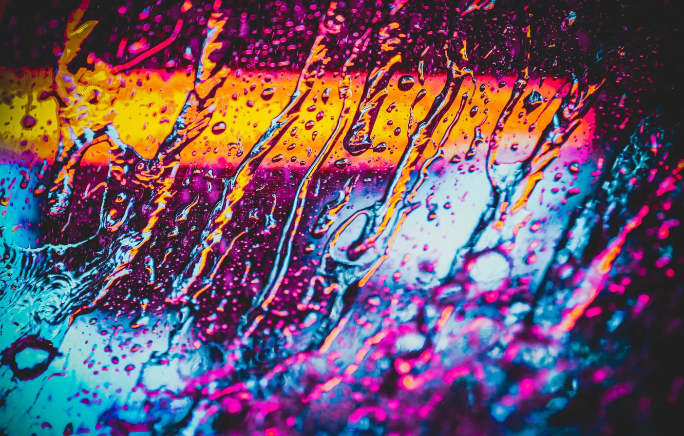 Photo wallpaper glass, water, drops, rain, neon