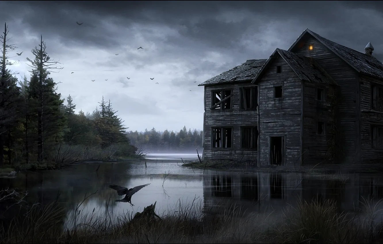 Photo wallpaper dark, house, forest, abandoned house, fear, abandoned, swamp