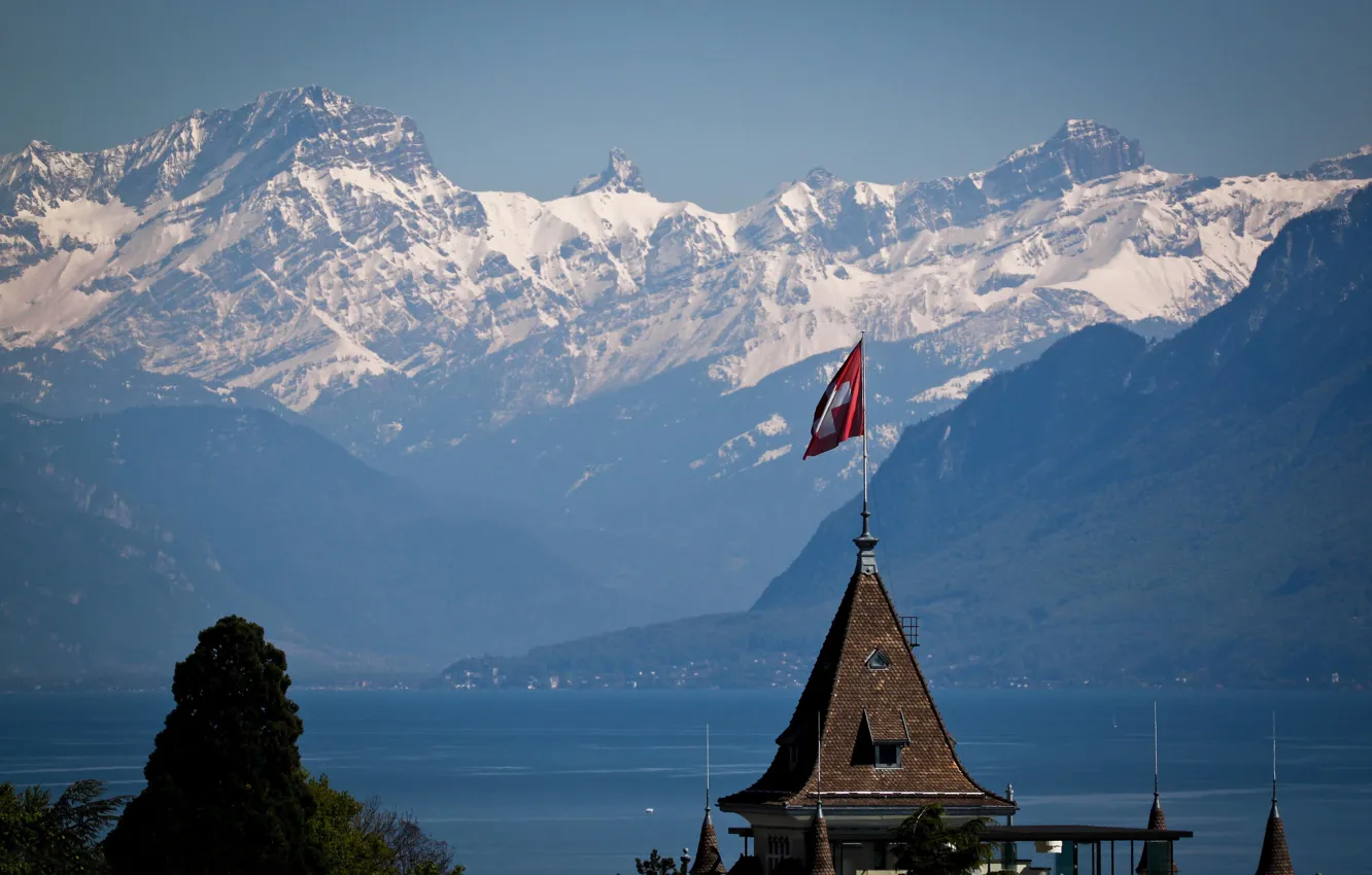 Photo wallpaper snow, mountains, flag, Switzerland