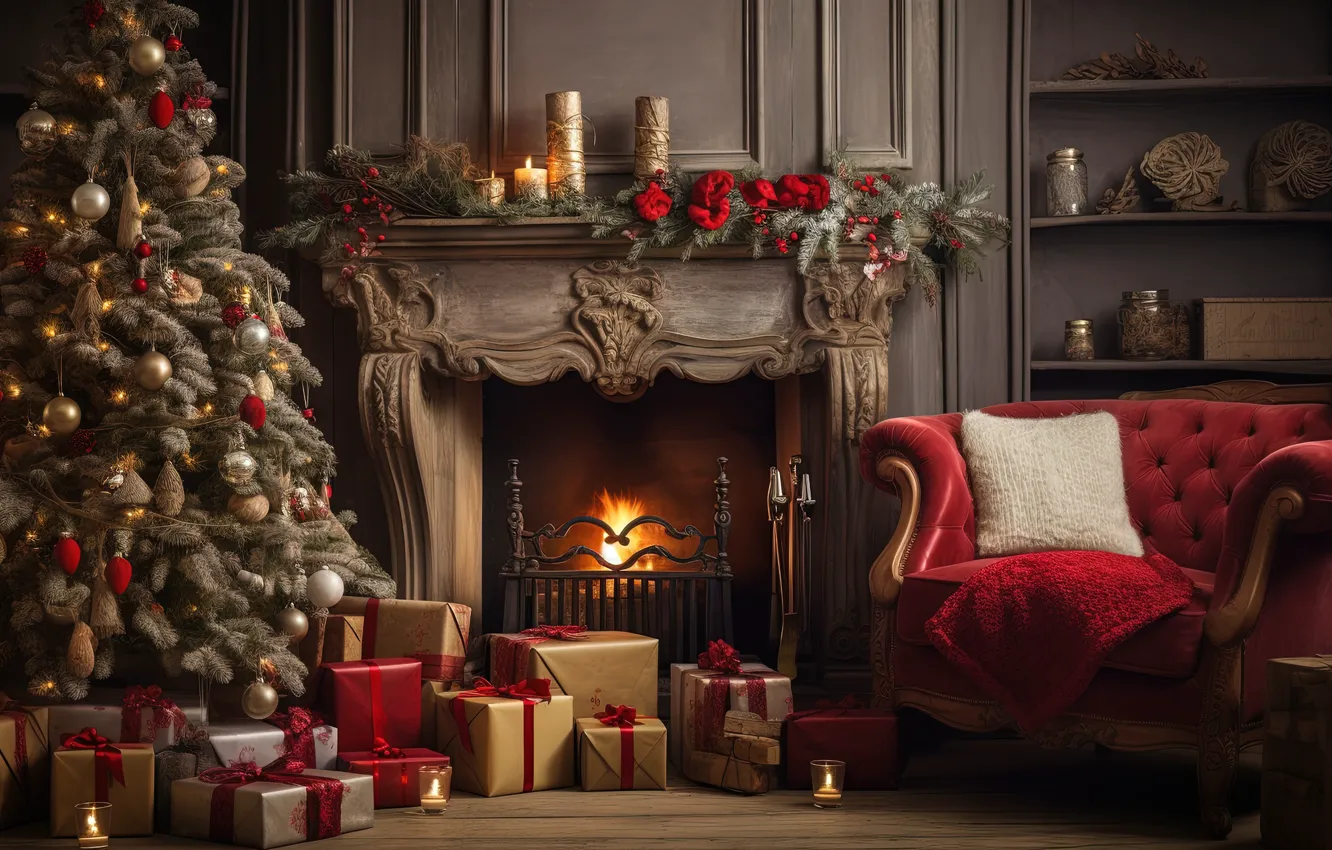 Photo wallpaper decoration, room, gift, balls, tree, new year, interior, chair