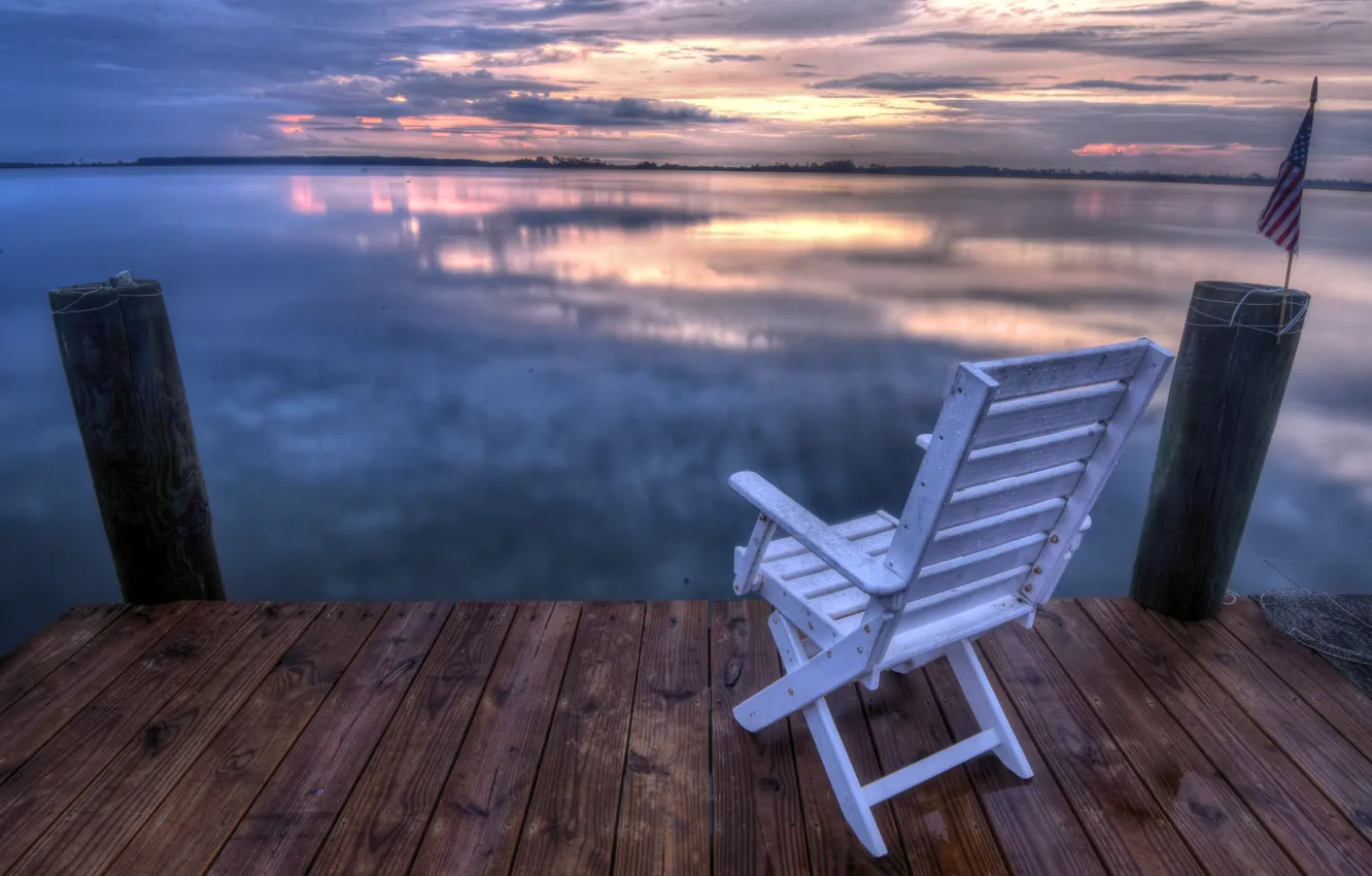Photo wallpaper sunset, lake, chair