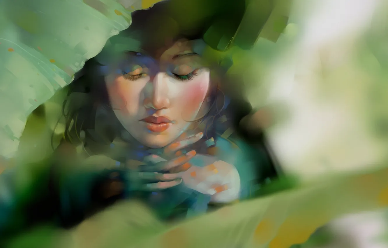 Photo wallpaper greens, leaves, art, drawn girl