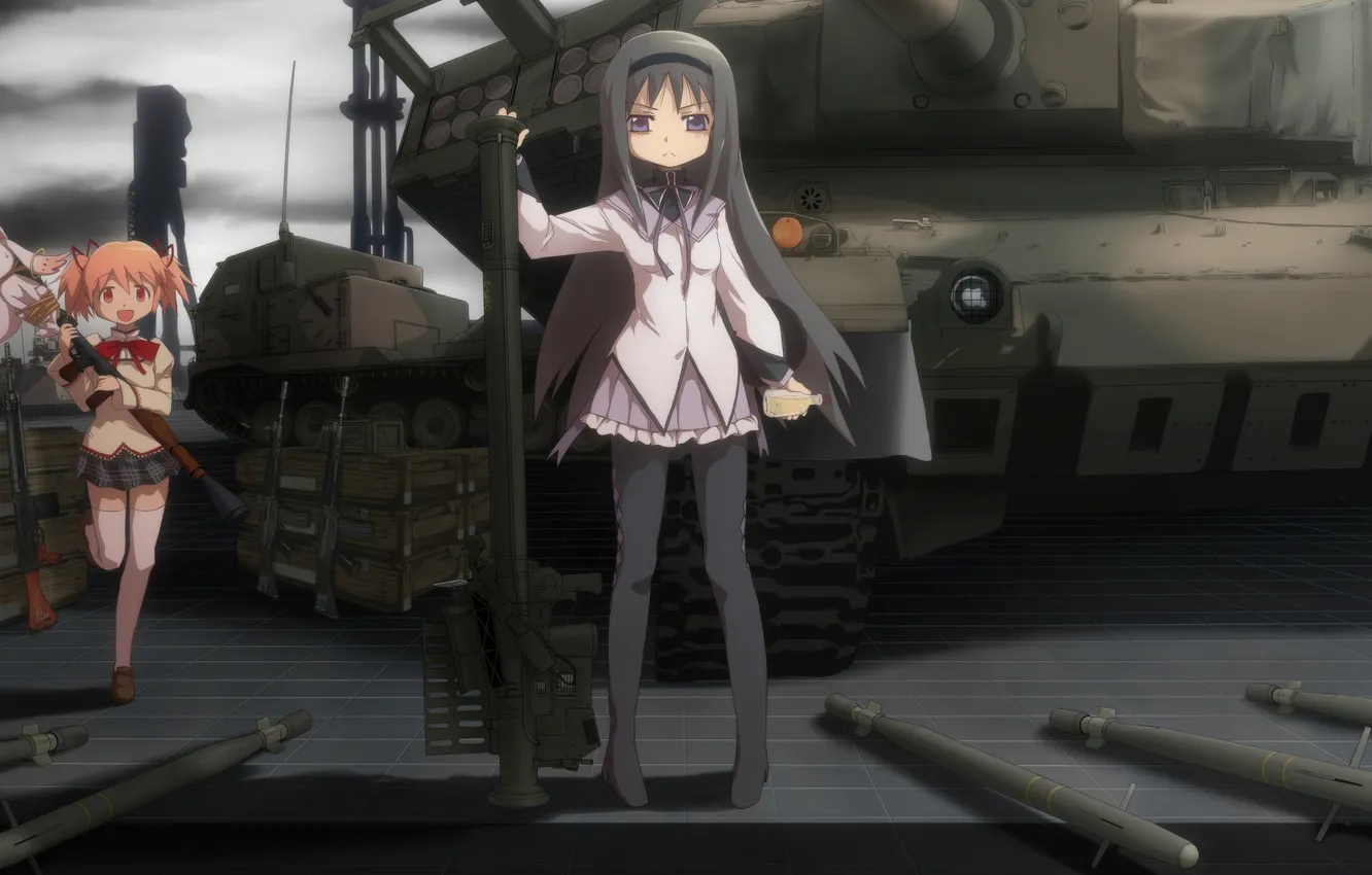 Photo wallpaper weapons, animal, anime, art, girl, tank, schoolgirl, box