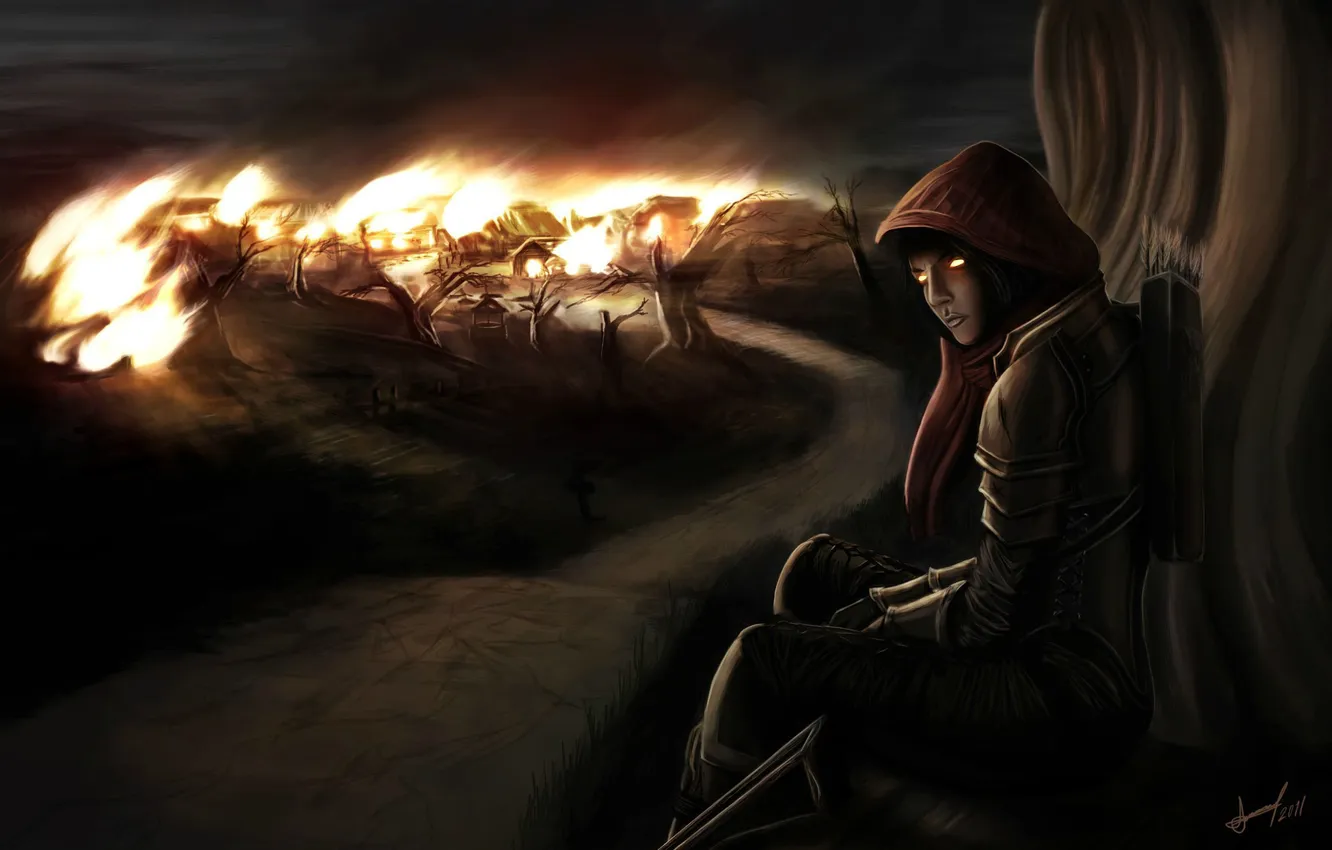 Photo wallpaper eyes, girl, trees, night, lights, fire, village, fantasy