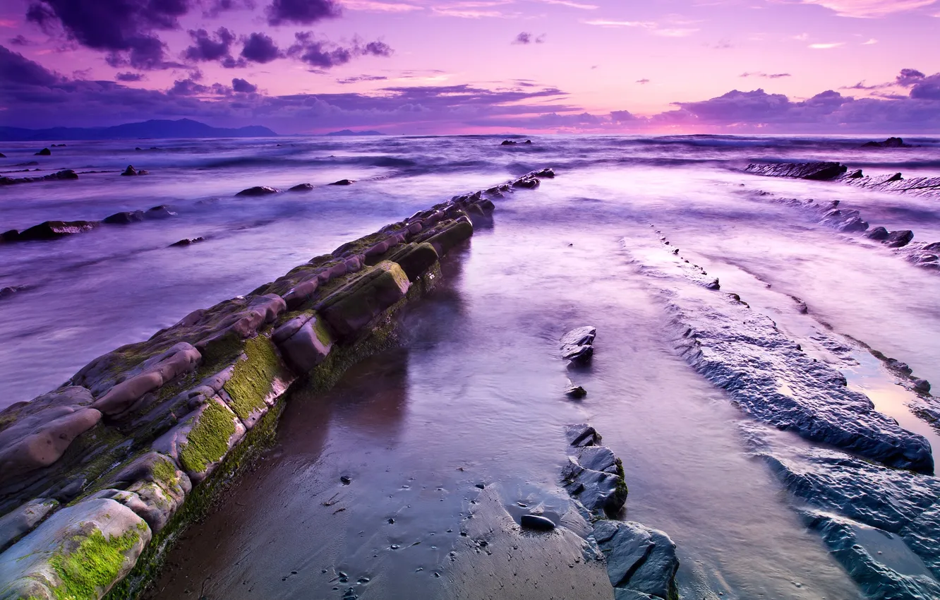 Photo wallpaper sea, the sky, clouds, stones, shore, the evening, tide, glow