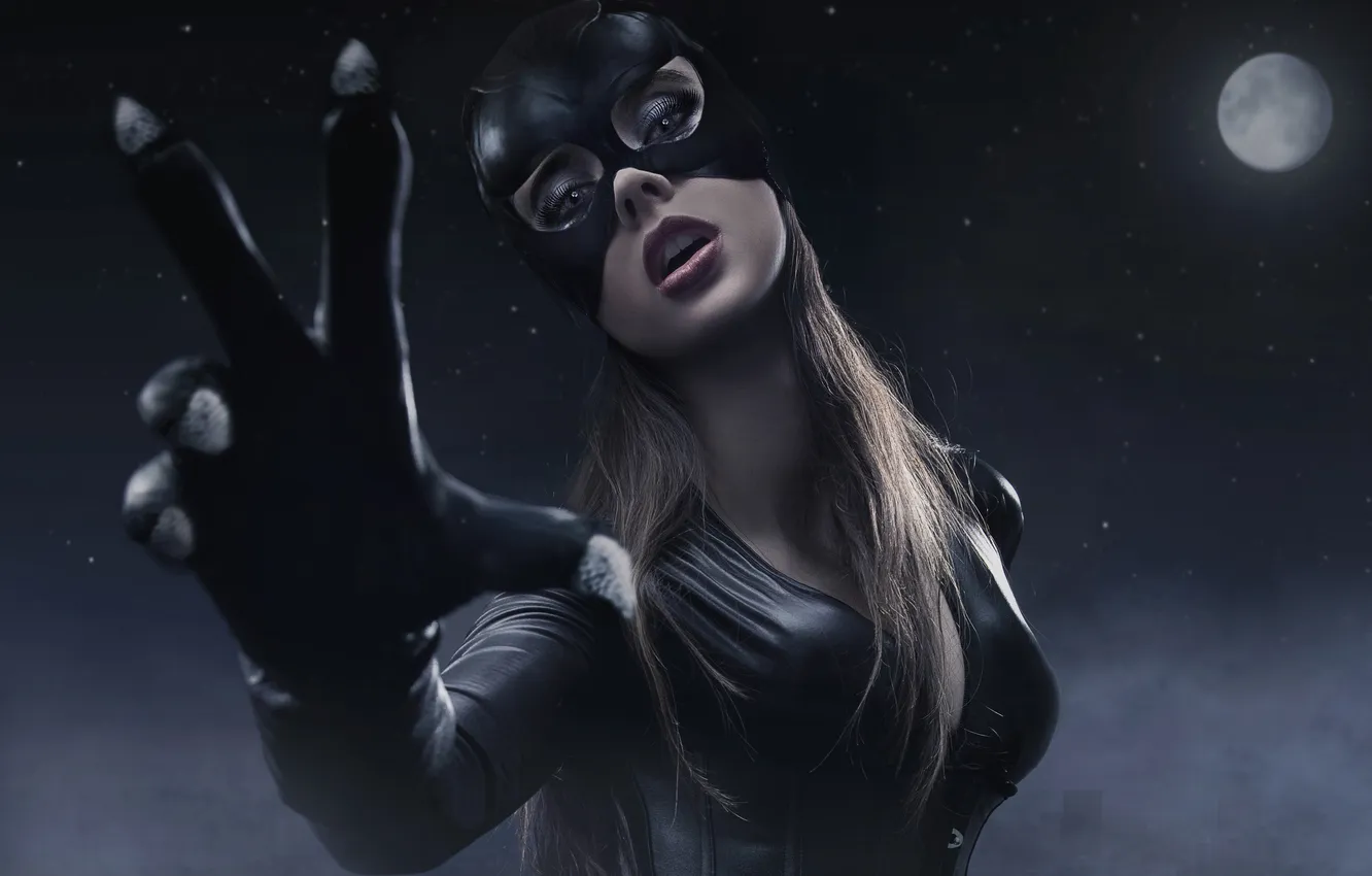 Photo wallpaper look, girl, eyelashes, hands, mask, costume, claws, Catwoman