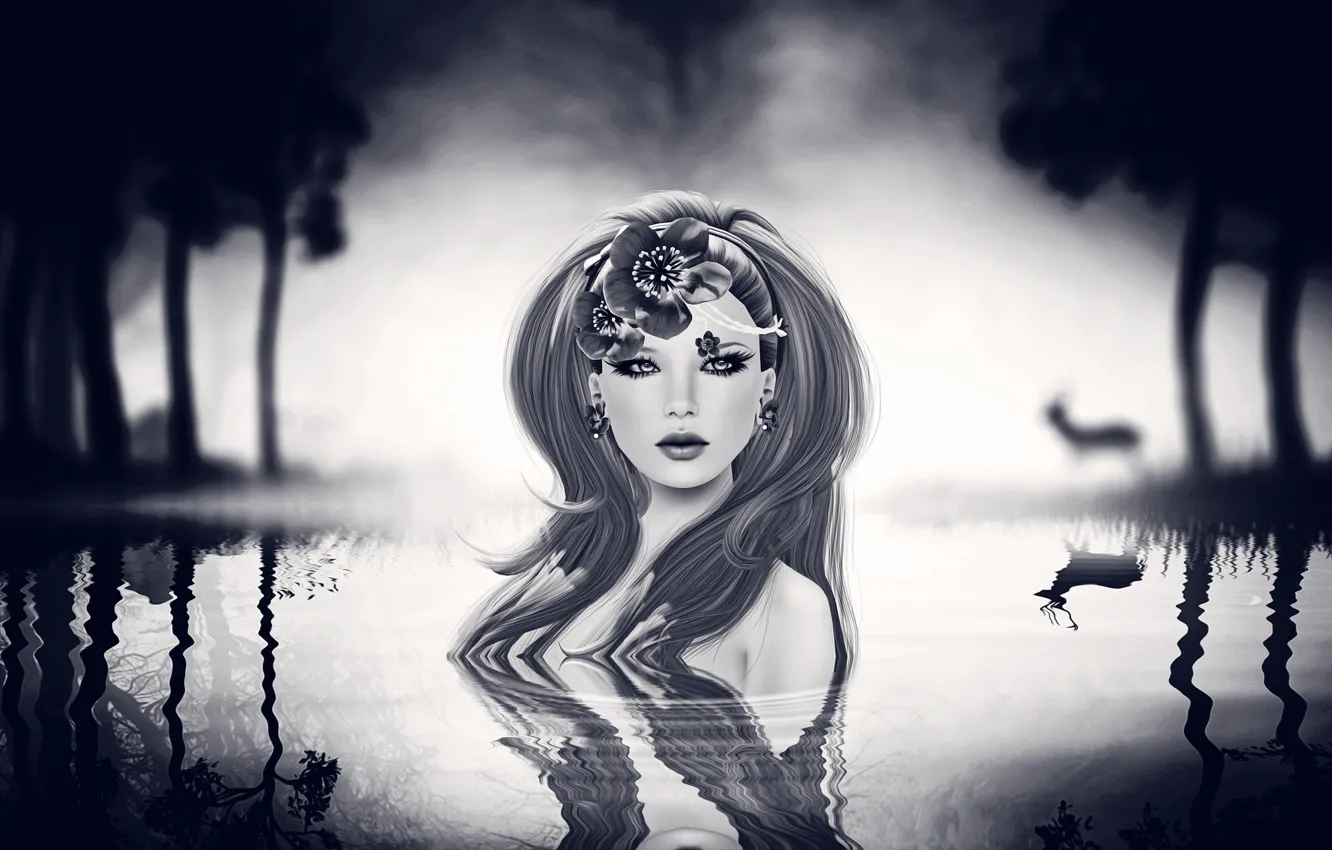 Photo wallpaper look, water, girl, face, background, hair, lips