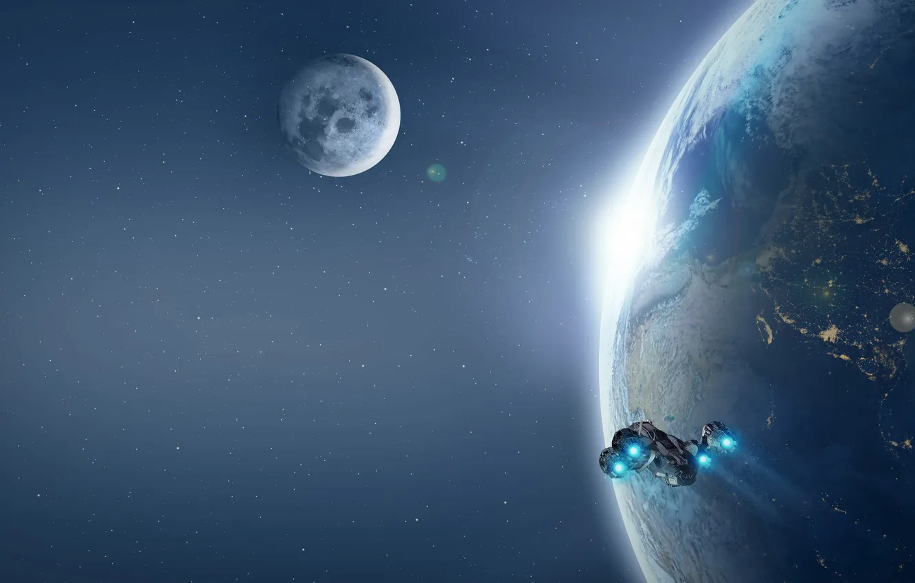 Photo wallpaper space, flight, rendering, fiction, earth, the moon, planet, spaceship