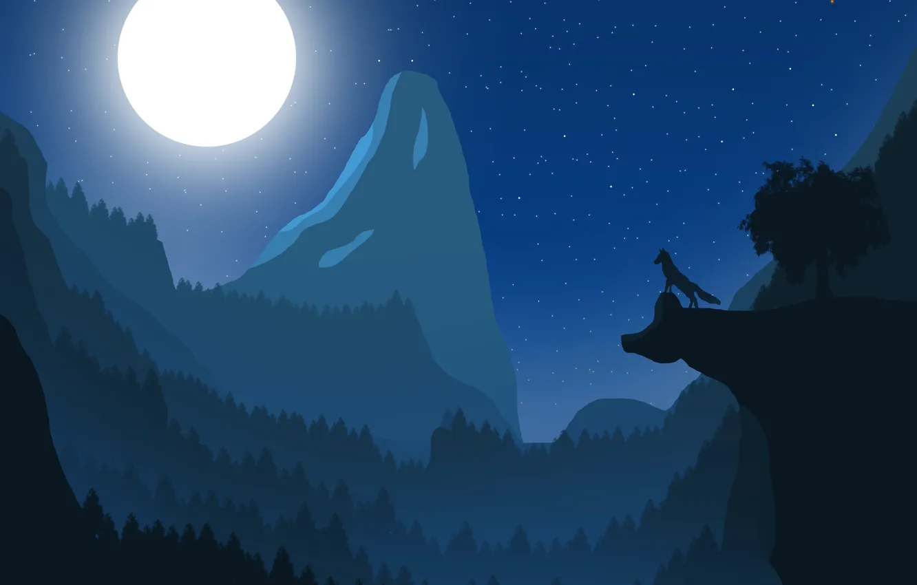 Photo wallpaper landscape, mountains, the moon, wolf, night landscape, Fox, the full moon, fox